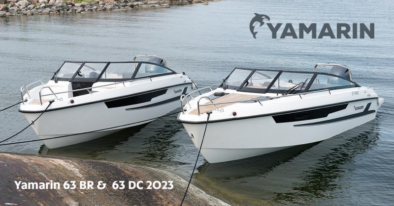 Tarjousmallit Yamarin 63 Bow Rider ja Yamarin 63 Day Cruiser kiinnitettynä kalliorantaan